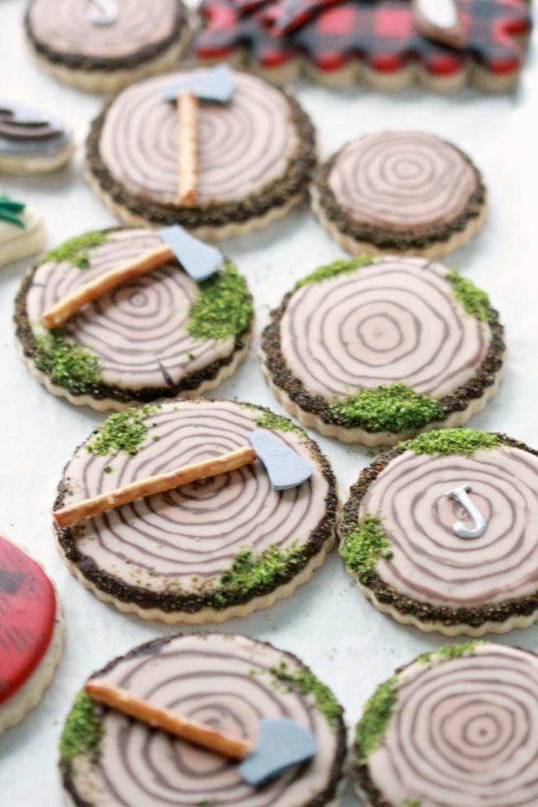 Rustic Woodland-Inspired Cookies with Tree Stump Designs and Playful Accents