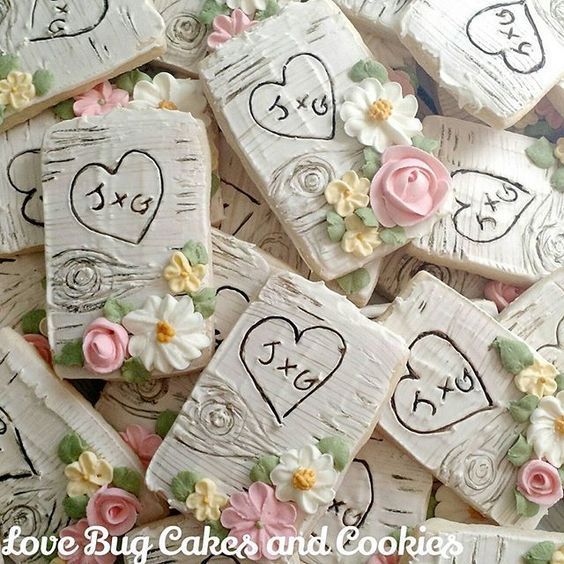 Rustic Wood-Themed Decorative Cookies with Intricate Details and Romantic Touches