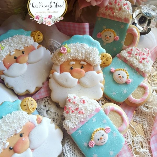 Cheerful Holiday Cookie Designs Featuring Santa and Cozy Mugs with Whimsical Details.