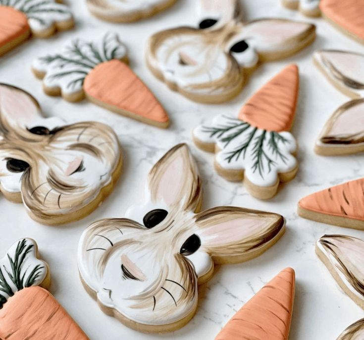 Adorable Bunny and Carrot Cookies: Festively Designed with Charming Details and Vibrant Hues.