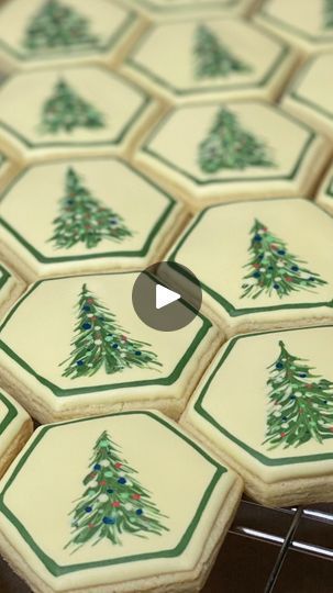 Whimsical Hexagonal Cookies Decorated with Festive Pine Trees and Colorful Ornaments.