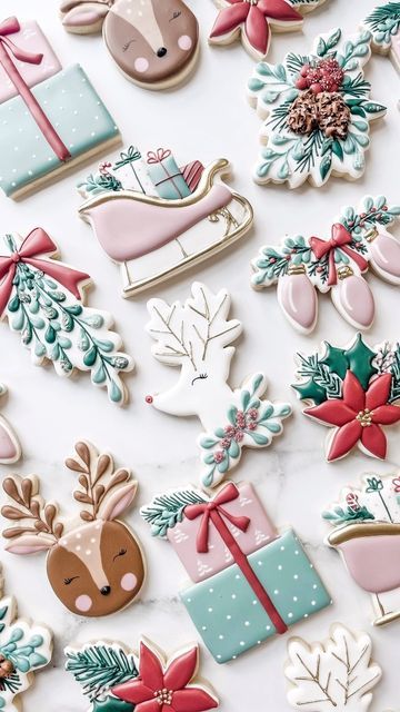 Whimsical Holiday-Themed Festive Cookie Designs with Reindeer, Sleighs, and Elegant Florals.