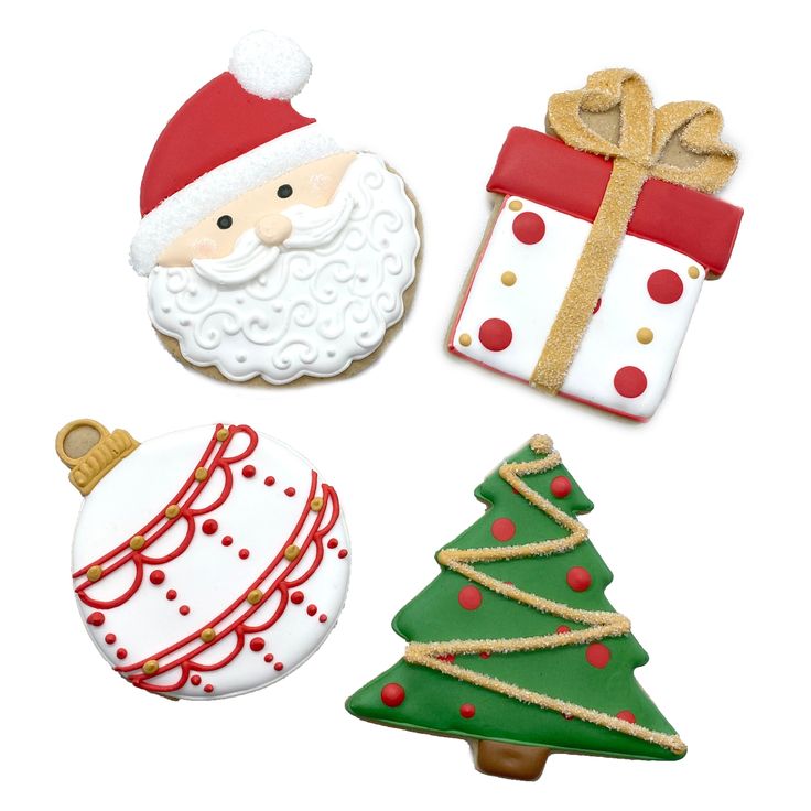 Whimsical Holiday Cookie Designs: Santa, Gifts, Ornaments, and Christmas Trees with Vibrant Colors and Intricate Icing.