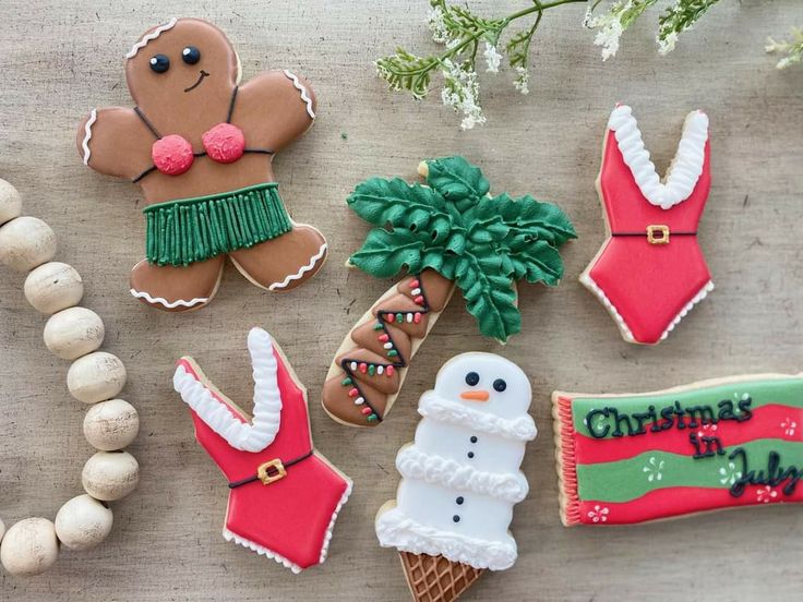 Tropical Holiday Cheer: Festive Cookie Designs with Gingerbread, Palm Tree, and Snowman