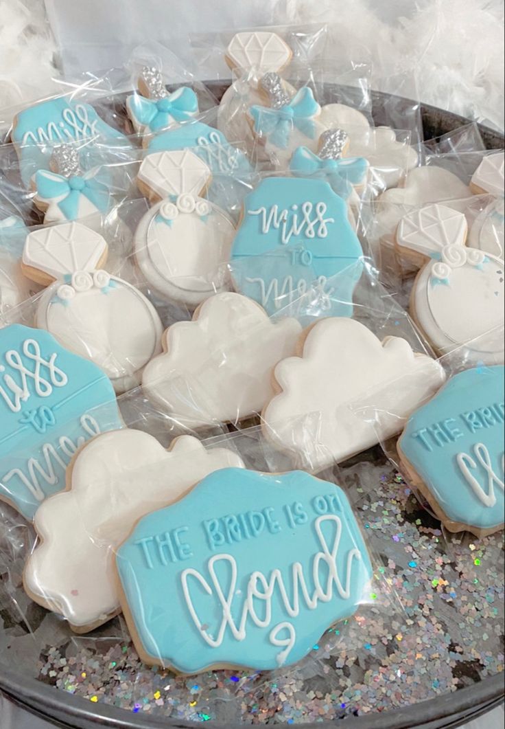 Elegant Bridal Celebration Cookies in Blue and White.