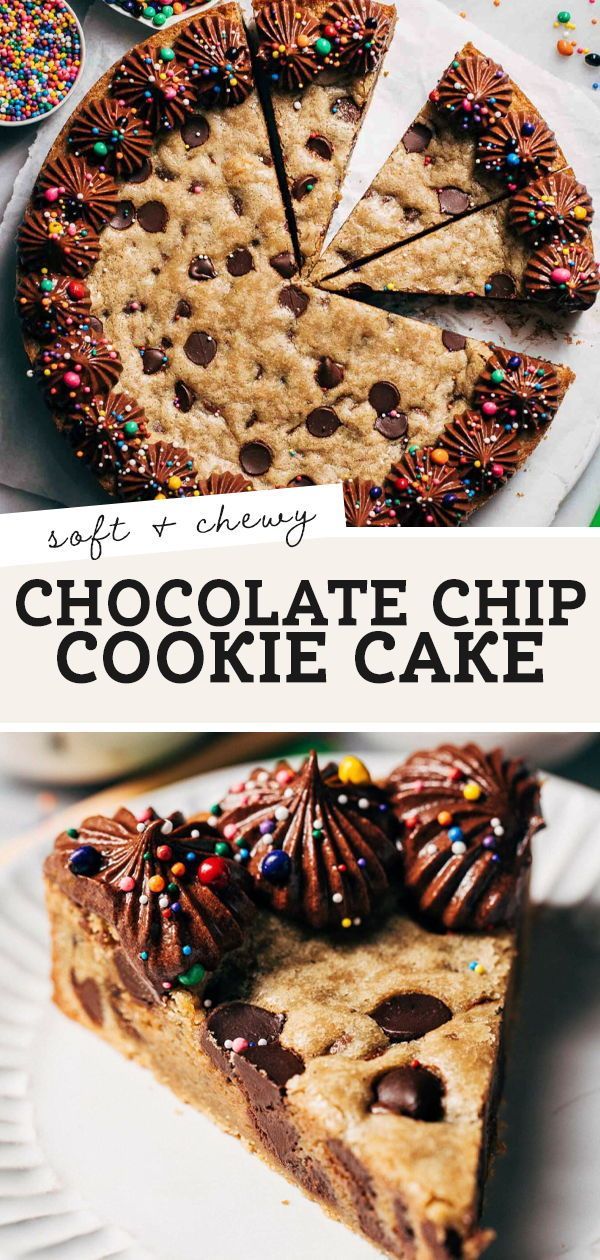 Indulgent Chocolate Chip Cookie Cake: Soft, Chewy Delight with Rich Frosting and Sprinkles.