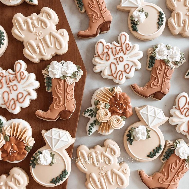 Charming Bridal-Themed Decorative Cookies with Rustic Elegance and Romantic Pastels