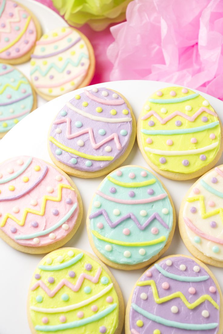 Festive Colorful Easter Egg Cookies Adorned with Pastel Icing and Whimsical Patterns.