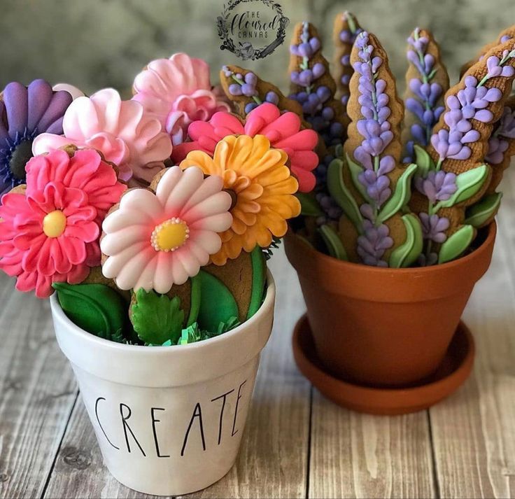 Cheerful Colorful Cookie Flower Arrangements in Decorative Pots for Floral-Inspired Nail Designs.