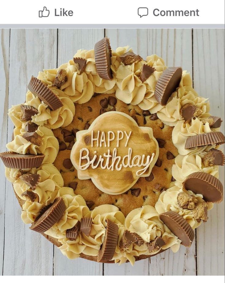 Decadent Birthday Cookie Cake with Peanut Butter Frosting and Chocolate-Peanut Butter Cup Decor.