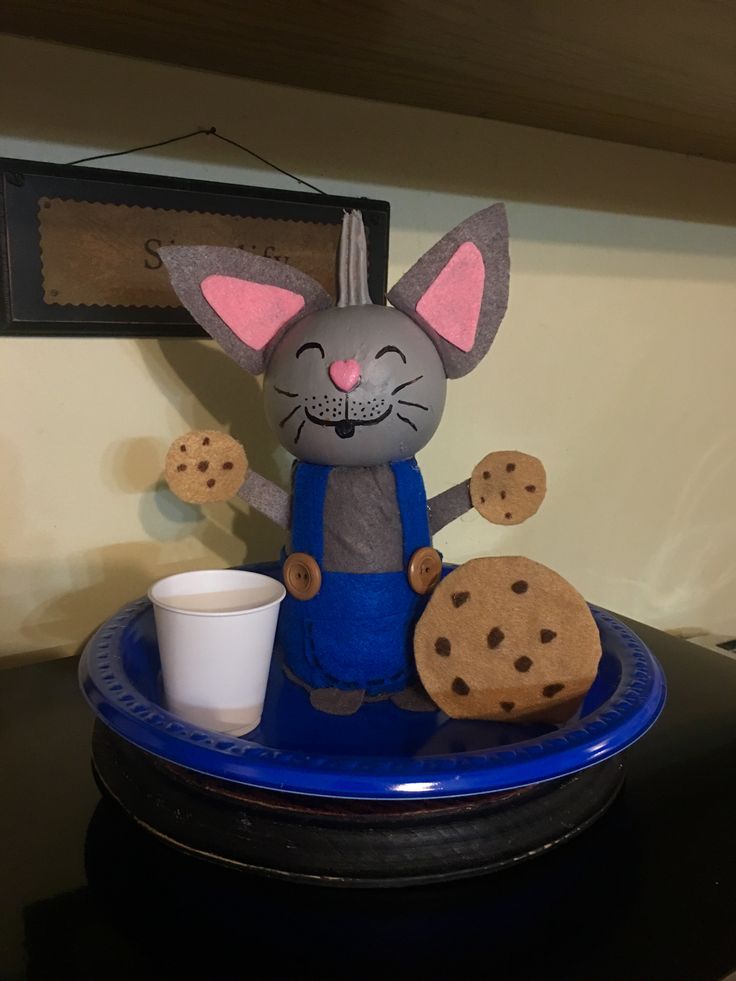 Charming Felt Cat Figurine in Blue Overalls with Cookie Pieces and Cup