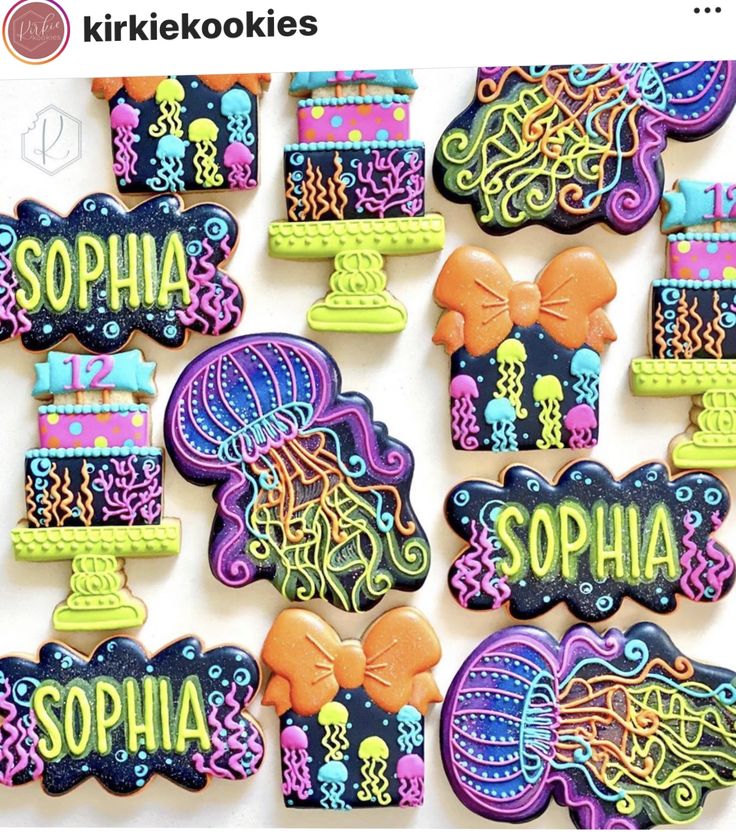 Vibrant Birthday-Themed Cookie Designs with Intricate Underwater Motifs.