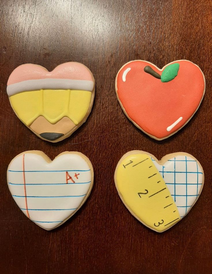 Whimsical Heart-Shaped Cookies Celebrate Back-to-School and Teacher Appreciation with Playful Educational Themes.