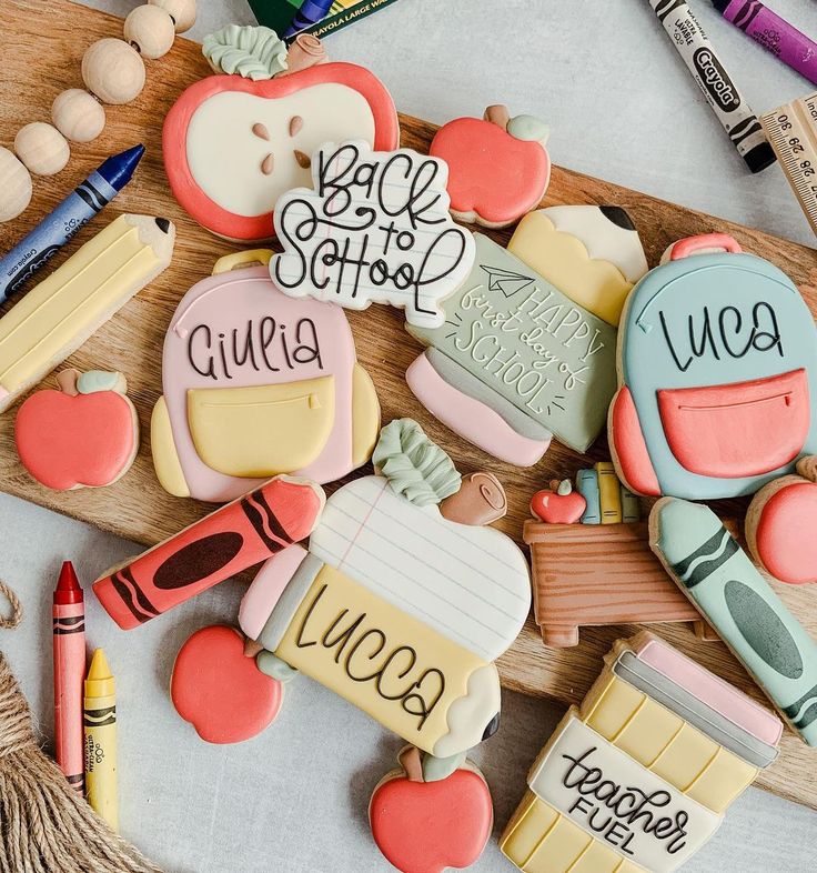 Artfully Arranged Colorful School-Themed Cookies for a Cheerful Back-to-School Celebration.