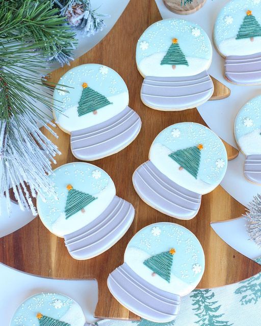 Festively Decorated Snow Globe Cookies with Christmas Trees and Snowflakes