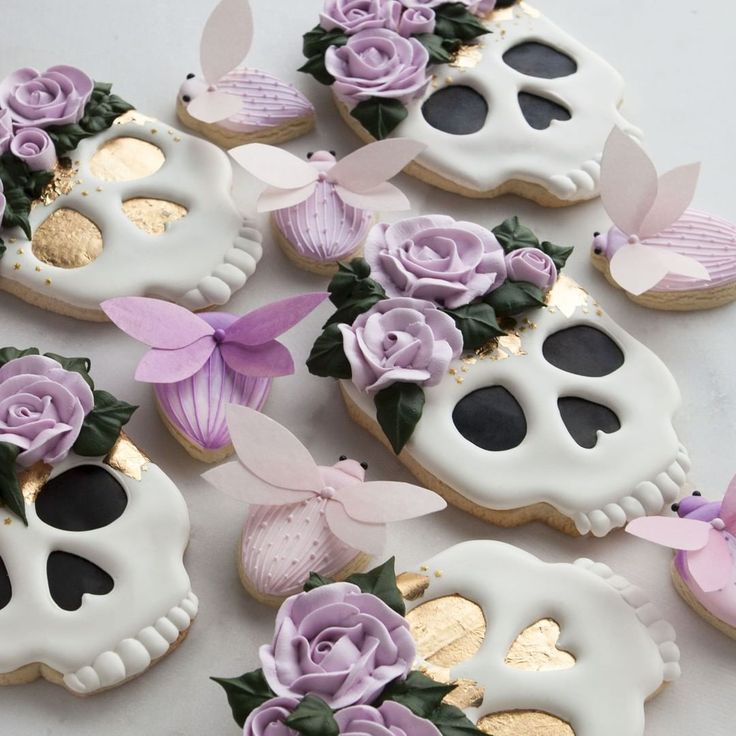 Charming Skull and Floral Decorative Sugar Cookies with Purple Roses and Gold Leaf Accents