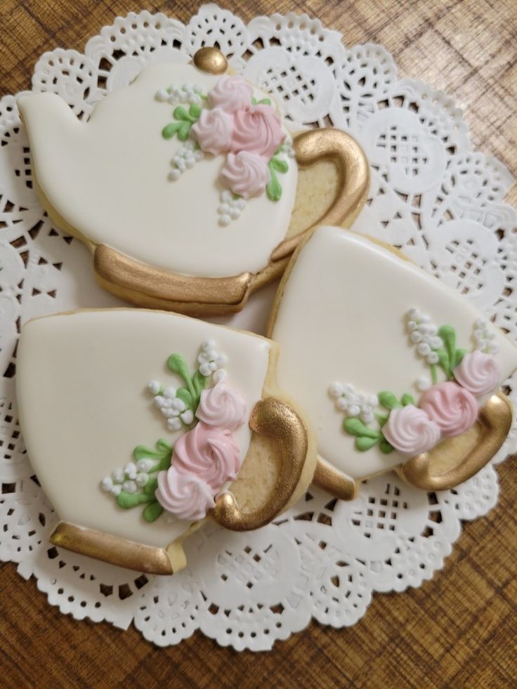 Elegant Tea-Themed Cookies with Floral Decor and Gold Accents