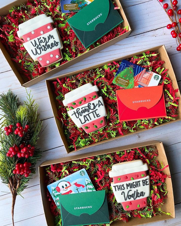 Whimsical Holiday Gift Boxes: Coffee Cup Cookies with Cheerful Messages and Vibrant Gift Cards.