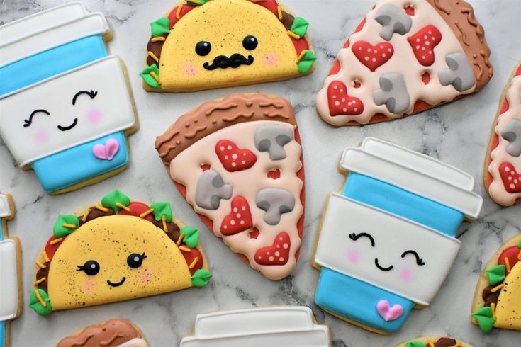 Whimsical Colorful Dessert Cookies Shaped Like Tacos, Pizza, and Coffee Cups Perfect for Celebrations.