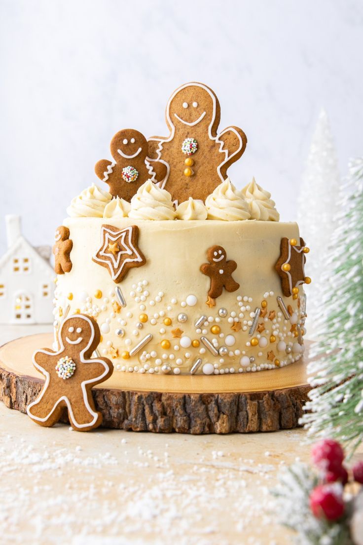 Whimsical Gingerbread-Themed Cake: Cozy Holiday Aesthetic with Festive Decorations.