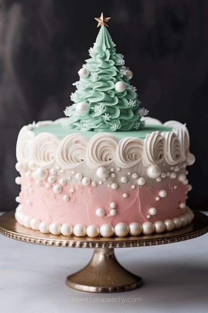 Whimsical Christmas Tree Cake Design with Pink and White Frosting