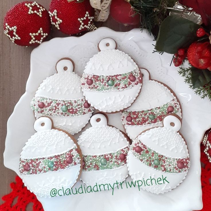 Festive Round Decorative Cookie Ornaments with Icing and Colorful Beads.