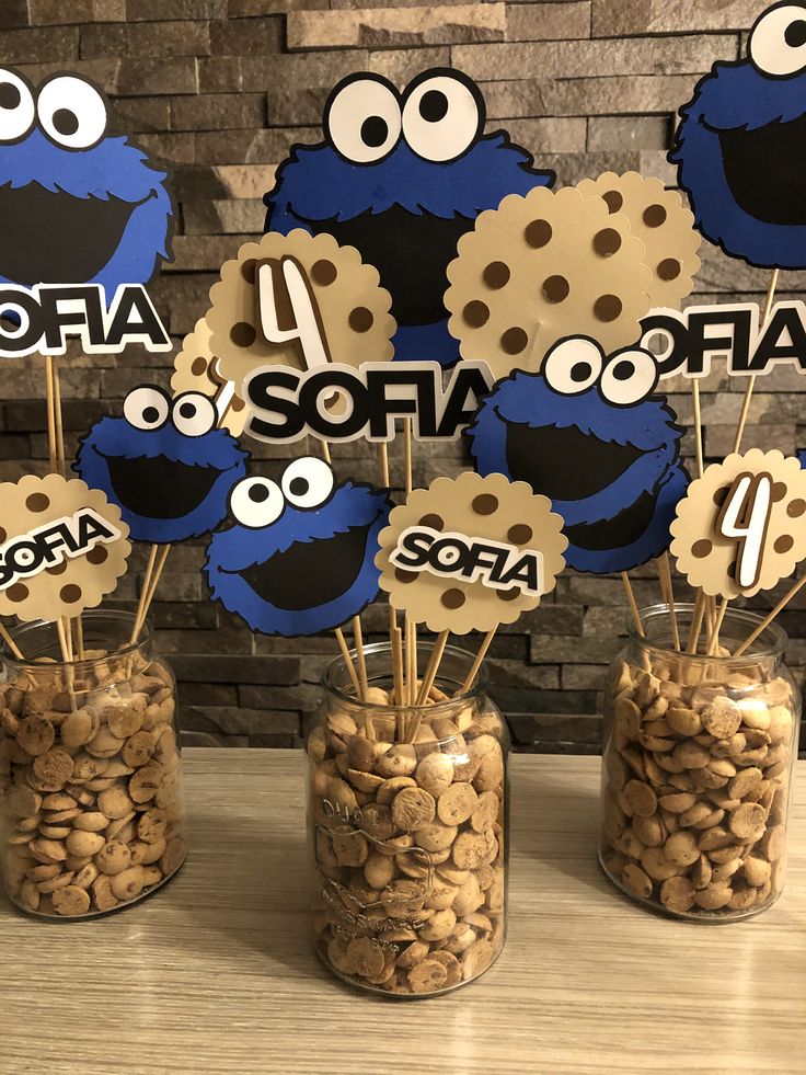 Whimsical Blue Cookie Monster Decorations for a Festive Birthday Celebration.