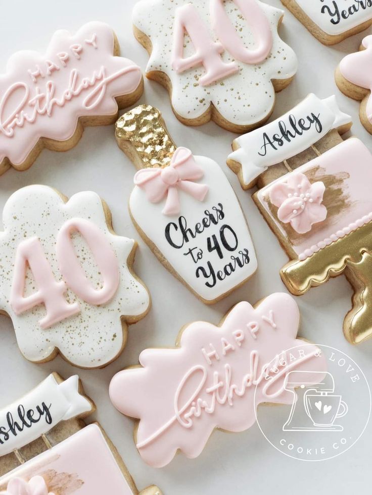 Elegant Decorative Birthday Cookies in Pastel Pink and White with Festive Shapes and Gold Accents.