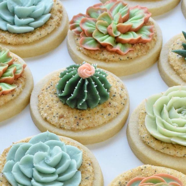 Visually Delightful Succulent-Themed Cookies with Intricate Frosting Designs.