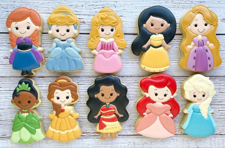 Whimsical Princess-Themed Cookies with Intricate Designs and Cheerful Expressions