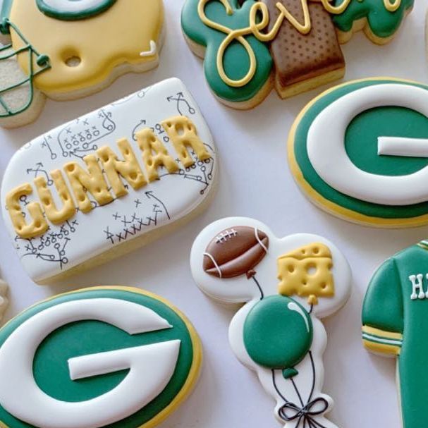 Vibrant Sports-Themed Cookies: Festive Treats in Green and Gold with Personalized Designs