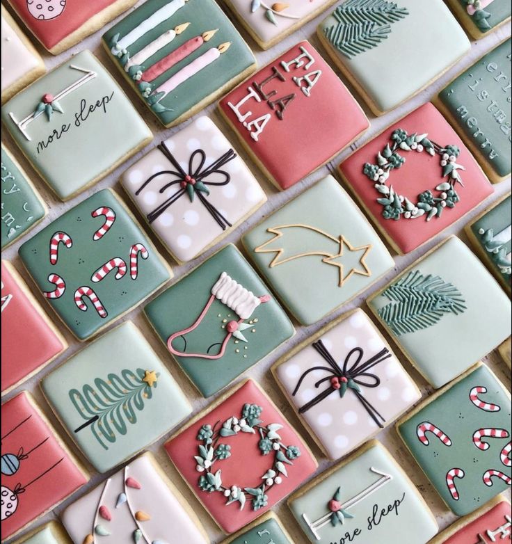 Festive Holiday-Themed Cookies with Cheerful Pastel Designs.