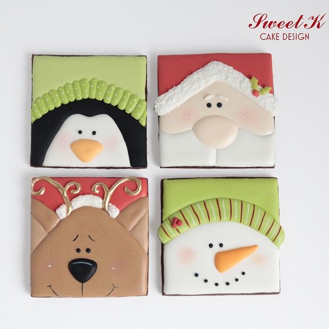 Charming Holiday Character Cookie Designs: Penguins, Santa, Reindeer, and Snowman.