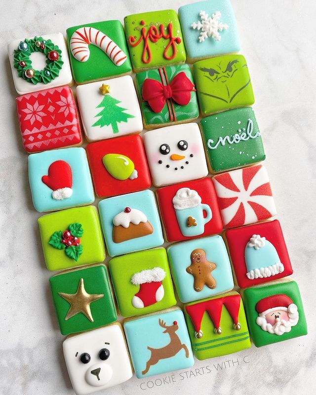 Festive Holiday Cookie Designs with Colorful Motifs and Joyful Atmosphere.