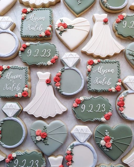 Elegant Wedding-Themed Cookie Designs with Soft Green and White Hues and Floral Accents.