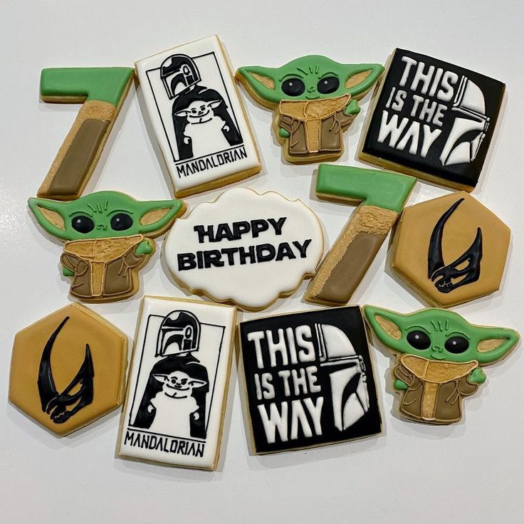 Festive Sci-Fi Inspired Colorful Cookie Designs Featuring Beloved Characters and Catchphrases.