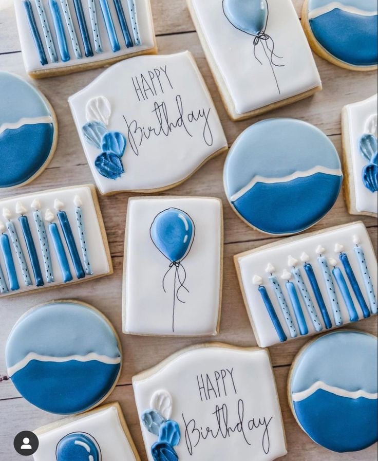 Festive Blue Decorative Birthday Cookies with Playful Designs