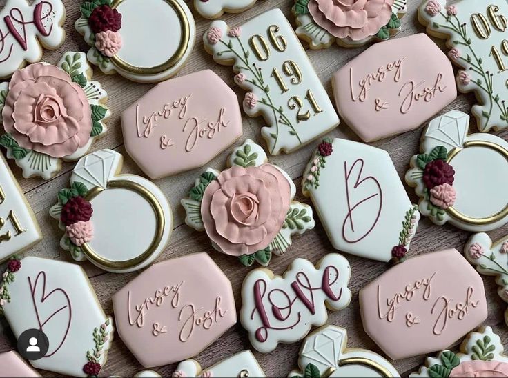 Intricately Designed Floral Wedding Cookies in Blush and Burgundy with Unique Shapes.