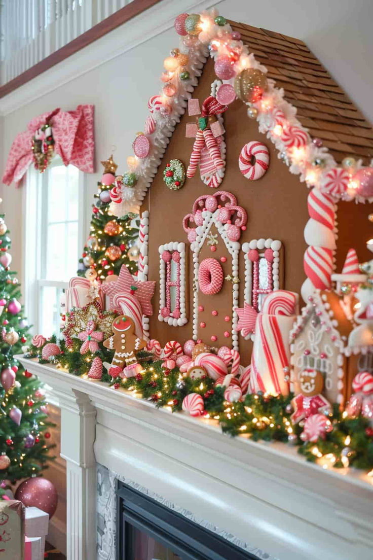 Whimsical Gingerbread House Display Enhanced by Festive Decorations and Twinkling Lights.