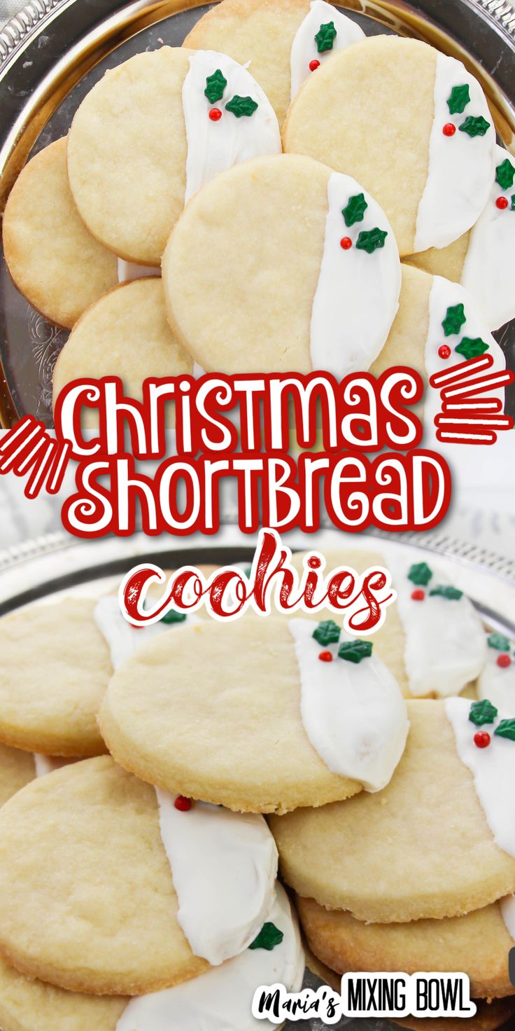 Festive Christmas Shortbread Cookies with Creamy Glaze and Holly Decorations.