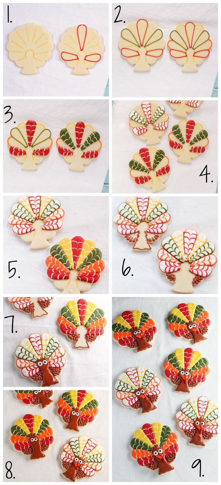 Vibrant Autumn-Inspired Turkey Cookie Designs with Creative Icing Techniques.