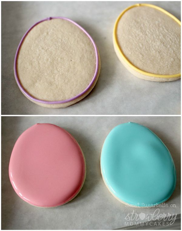 Vibrant Easter-Inspired Egg-Shaped Cookies with Icing and Decorative Outlines.