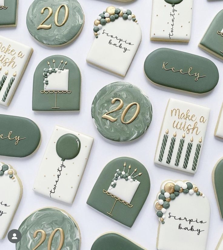 Sophisticated Elegant Cookies with Muted Green Palette and Intricate Details for Milestone Celebrations.