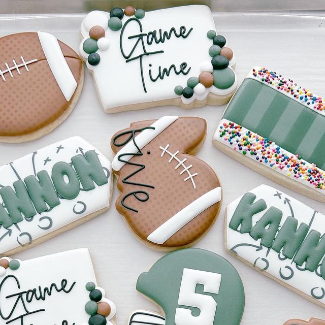 Charming Football-Themed Cookies with Unique Shapes and Vibrant Accents for Celebrations.