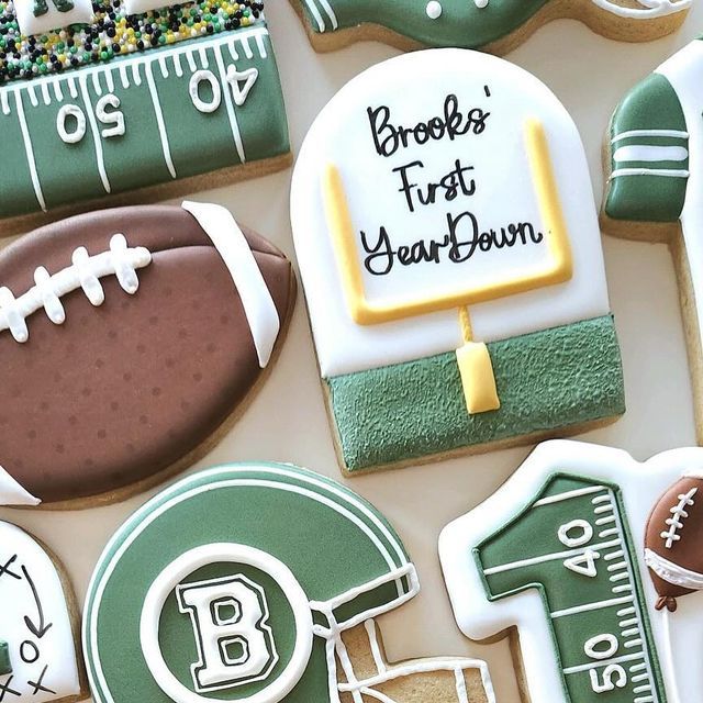 Vibrant Football-Themed Cookies with Intricate Designs for Festive Celebrations.