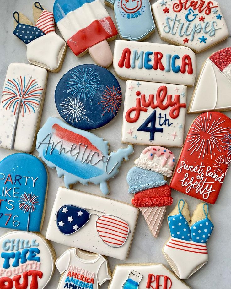 Festive Vibrant Sugar Cookies: A Patriotic Celebration in Red, White, and Blue.