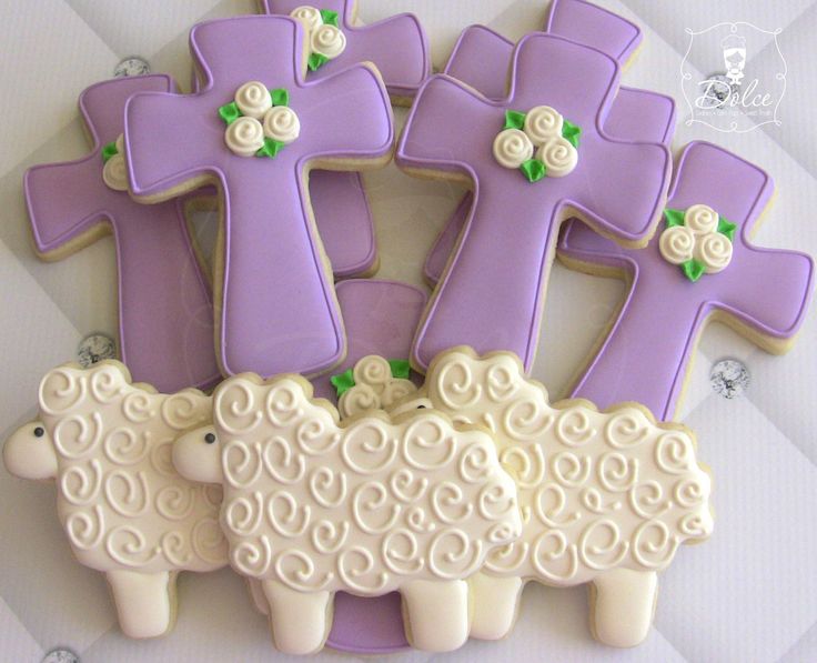 Elegant Lavender and White Rose Cookies with Whimsical Sheep for Faith-Inspired Celebrations.