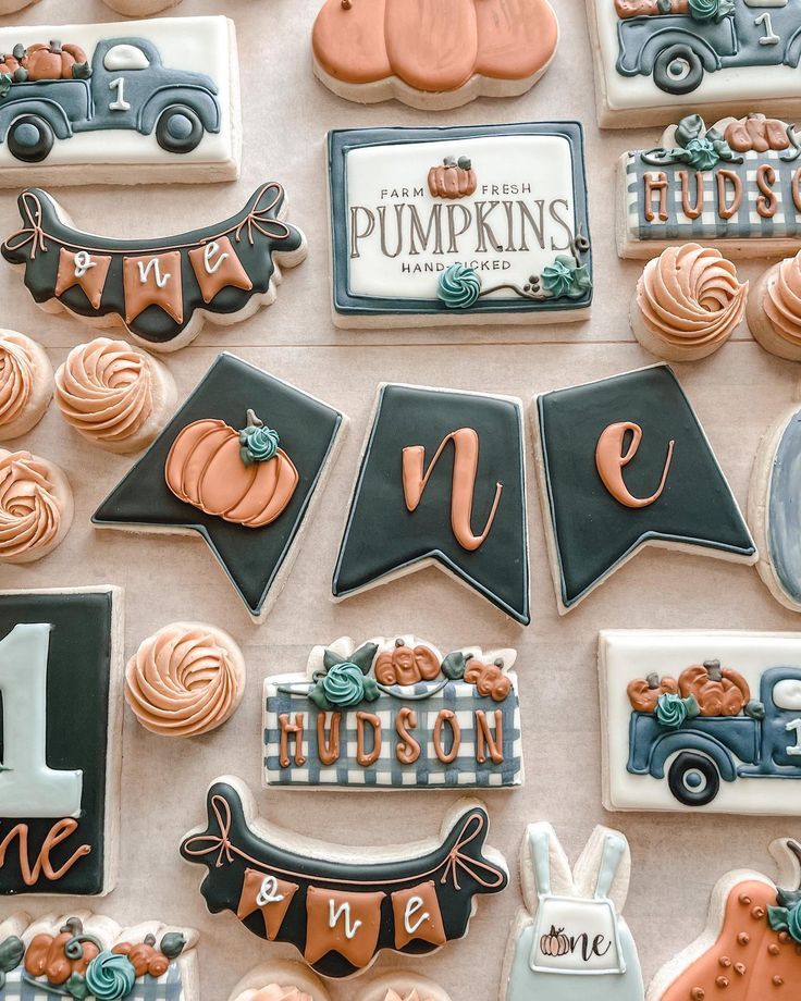 Vibrant Fall-Themed Cookie Display with Diverse Shapes and Festive Colors.