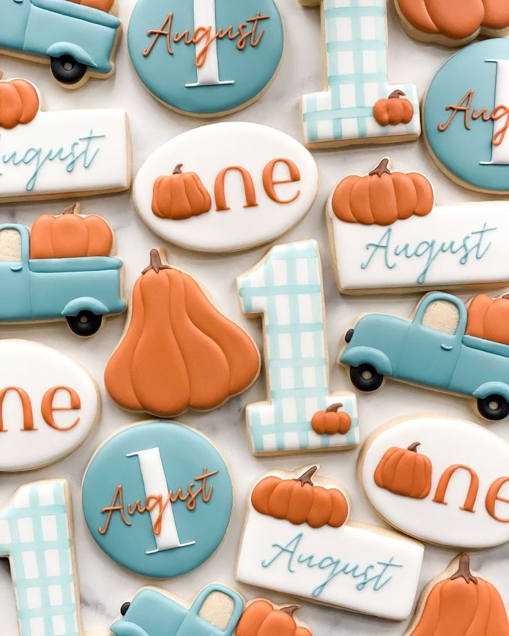 Seasonal Decorative Cookies: Whimsical Designs with Vibrant Pumpkins and Vintage Trucks.