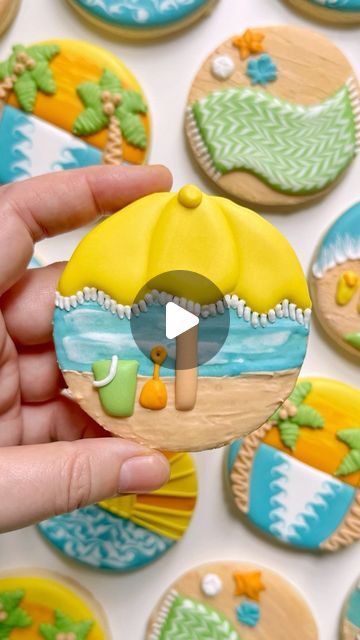 Playful Seaside Scene: Colorful Beach-Themed Cookies Featuring Umbrellas, Buckets, and Tropical Details